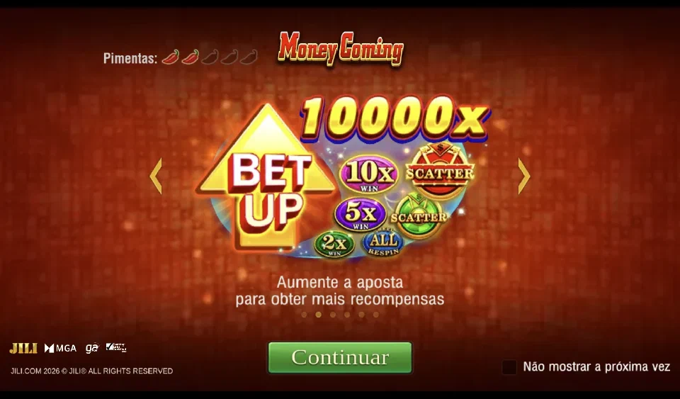Tela de abertura de Money Coming, com o título do jogo e multiplicadores da roda especial