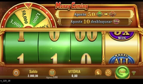 Tela de Money Coming com três rolos numéricos, quarta bobina especial e controles de aposta