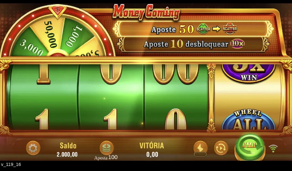 Tela de Money Coming com três rolos numéricos, quarta bobina especial e controles de aposta