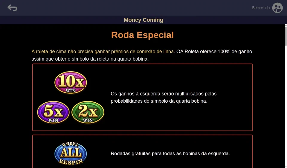 Regras da Roda Especial de Money Coming, com multiplicadores e Wheel All Respin
