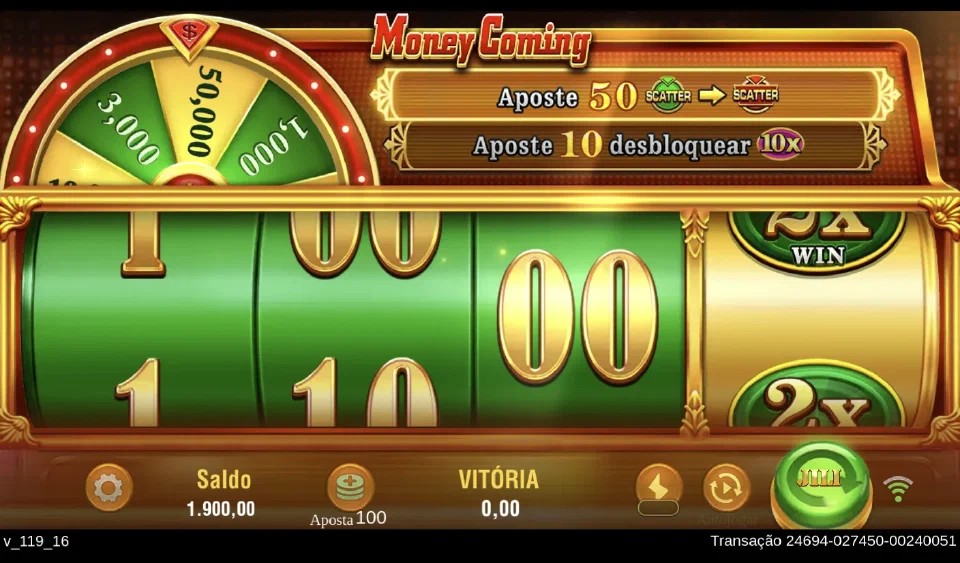 Rodada de demonstração de Money Coming com números nos rolos e símbolo 2x WIN