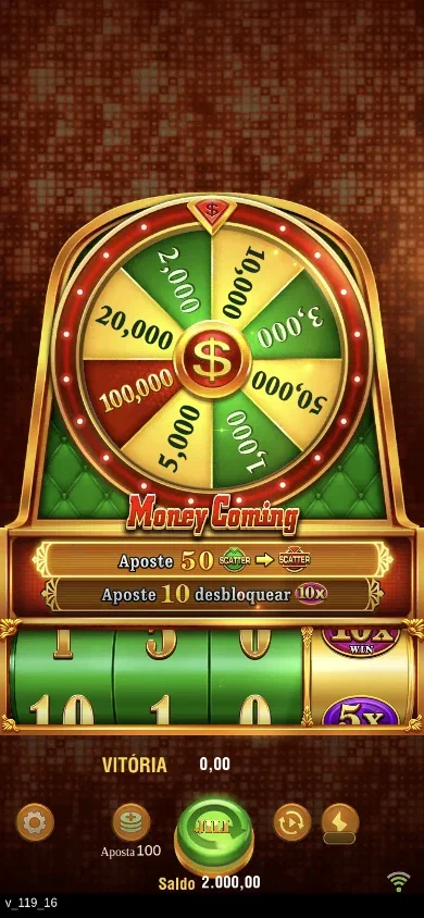 Money Coming em tela vertical, com Roda da Sorte, rolos e controles abaixo